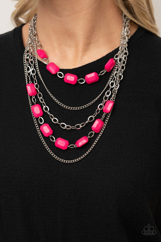 Standout Strands - Pink Beads & Mismatched Silver Chain Paparazzi Necklace & matching earrings
