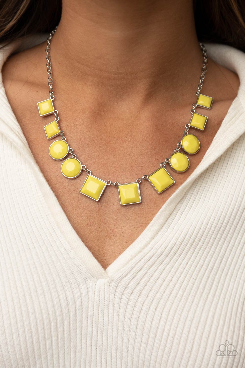 Tic Tac TREND - Yellow Geometric Square/Round Beaded Paparazzi Necklace & matching earrings