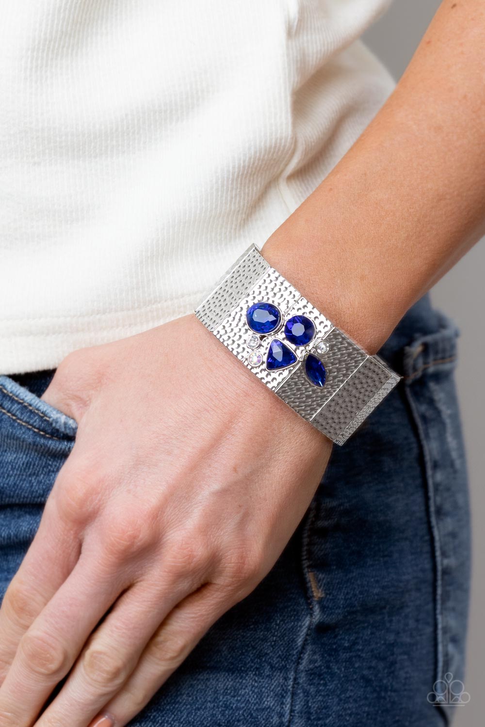 Flickering Fortune - Blue, White, & Iridescent Rhinestones/Rustic Rectangular Silver Frame Paparazzi Stretch Bracelet