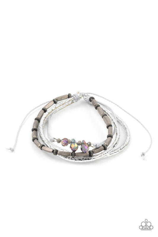 Holographic Hike - Silver Metallic Cording & Iridescent Crystal-Like Beaded Paparazzi Urban Bracelet