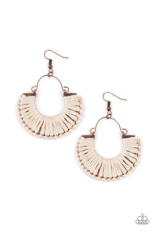 Threadbare Beauty - Copper Half-Moon Frame/Shiny Thread Paparazzi Earrings