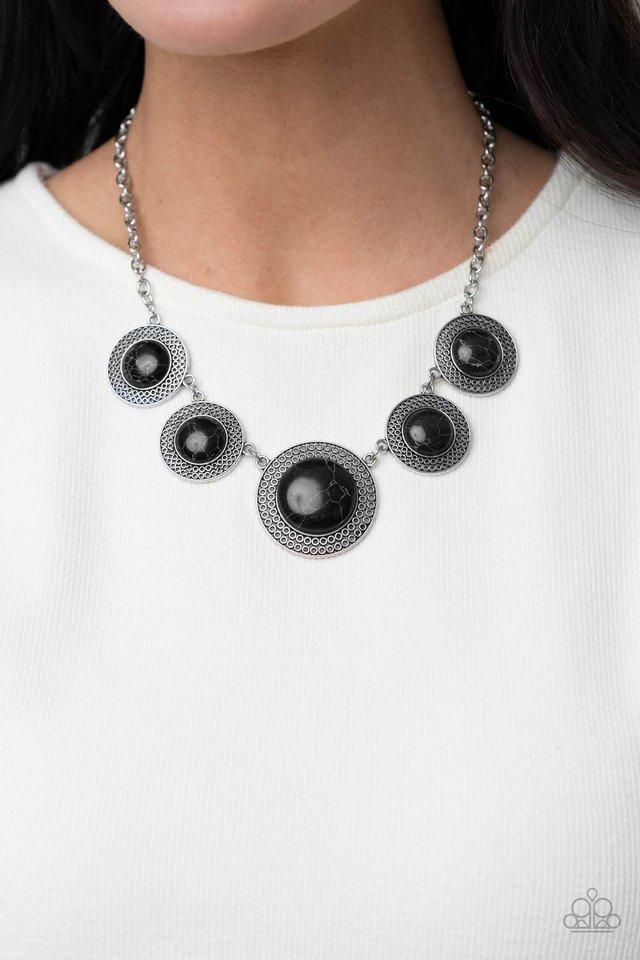 Circle The Wagons - Black Stones & Round Silver Frame Paparazzi Rustic Look Necklace & matching earrings