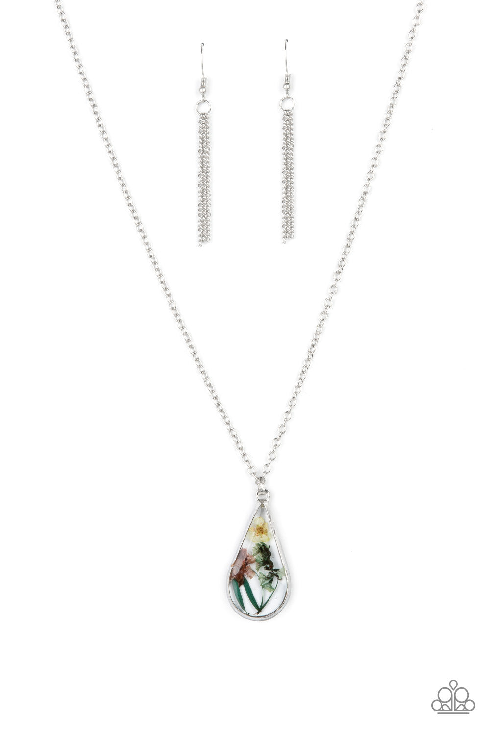 Pop Goes the Perennial - Multi Delicate Flower Teardrop Pendant Paparazzi Necklace & matching earrings