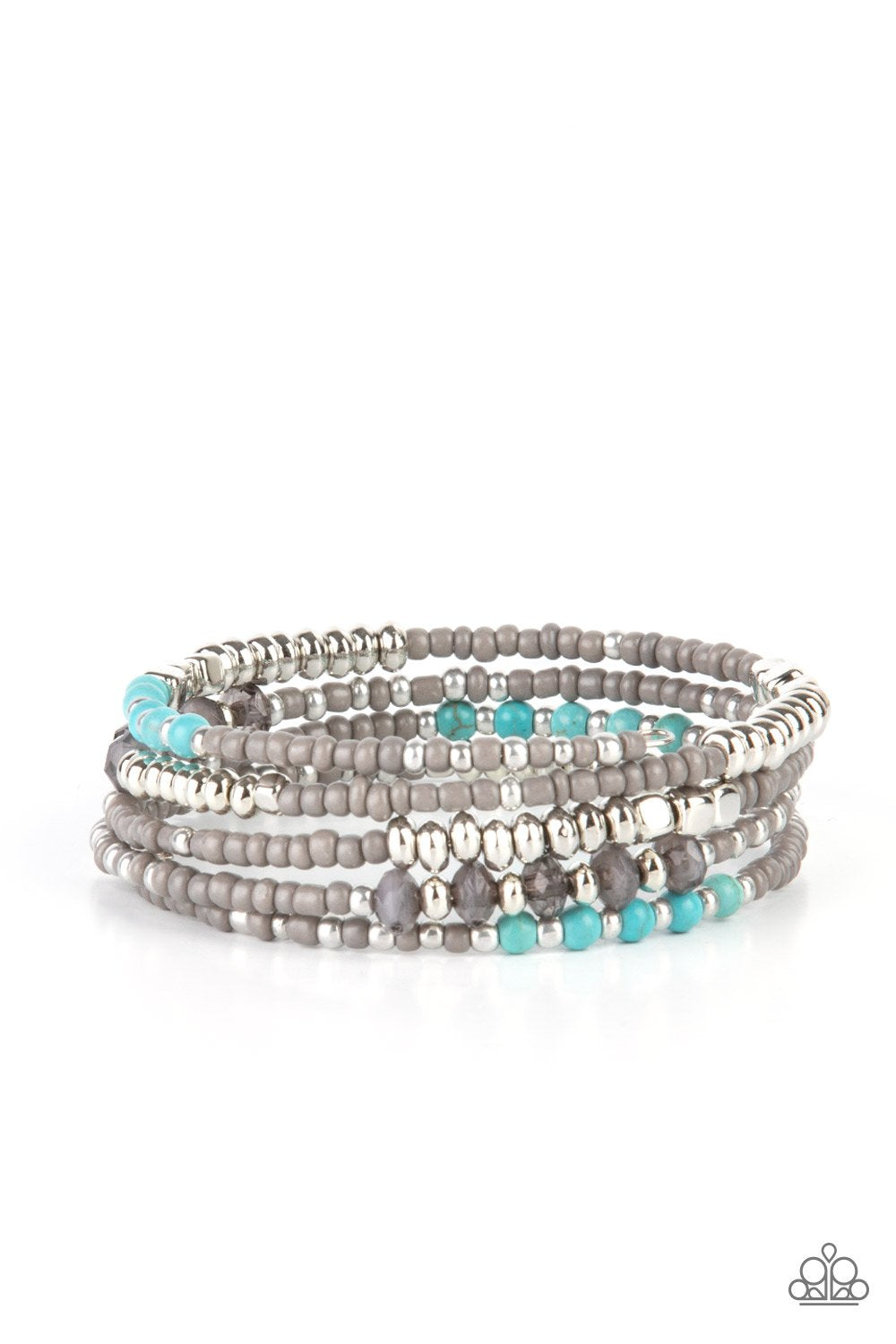 Infinitely Dreamy - Silver/Gray, Turquoise & Smoky Crystal-Like Beaded Paparazzi Coil Bracelet
