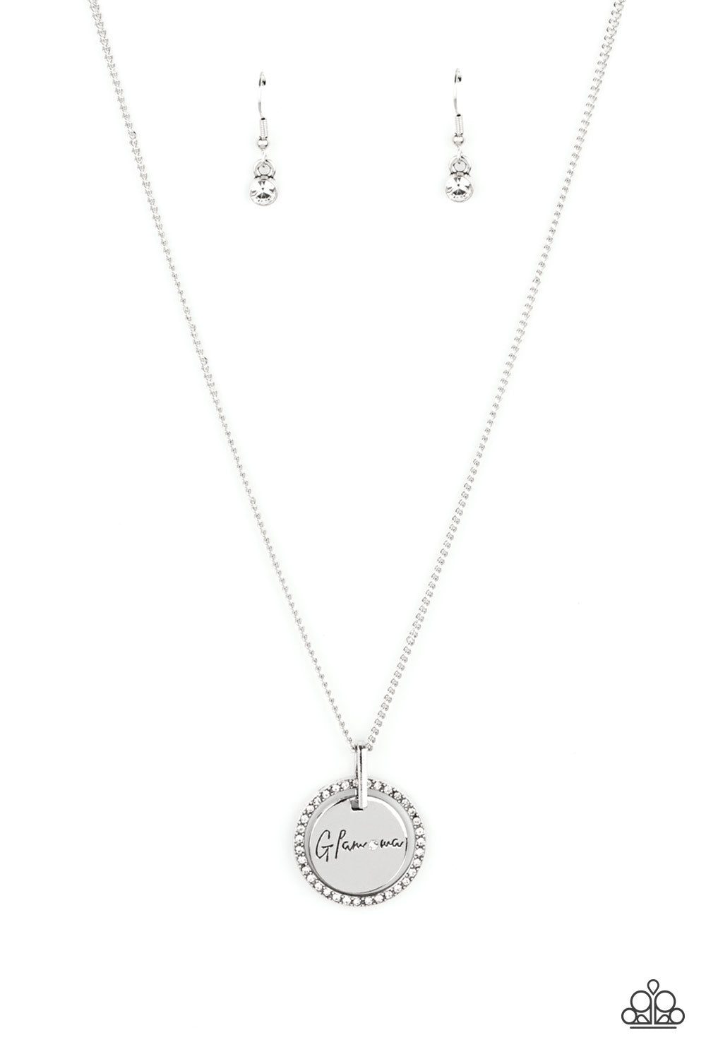 Glam-ma Glamorous - White Rhinestones/"Glamma" Stamped Pendant Paparazzi Necklace & matching earrings