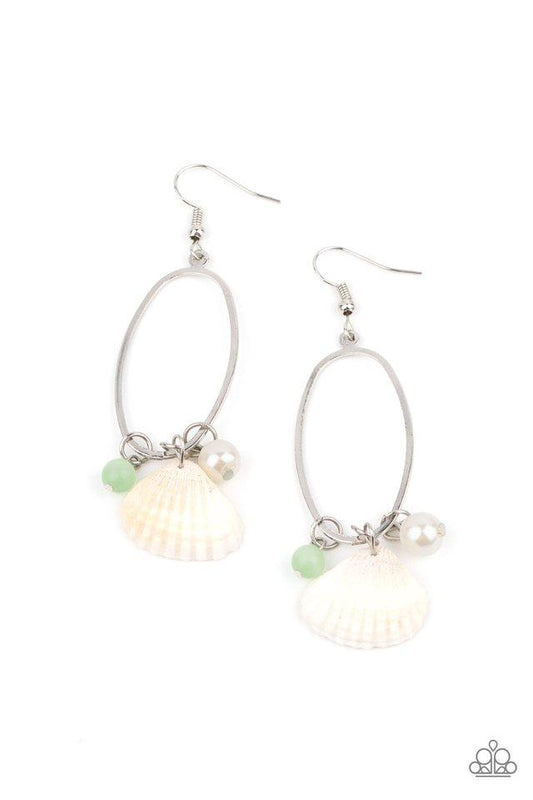 This Too SHELL Pass - Green Cat's Eye Bead/Dainty White Shell Paparazzi Earrings