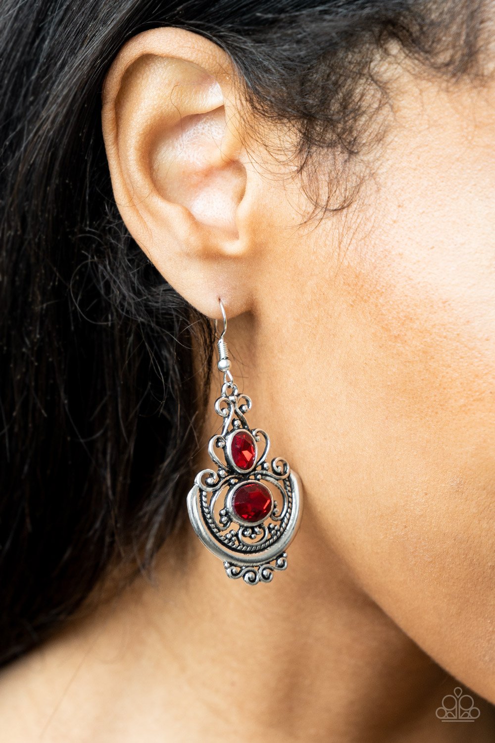 Unlimited Vacation - Red Rhinestone/Ornate Silver Frame Paparazzi Earrings
