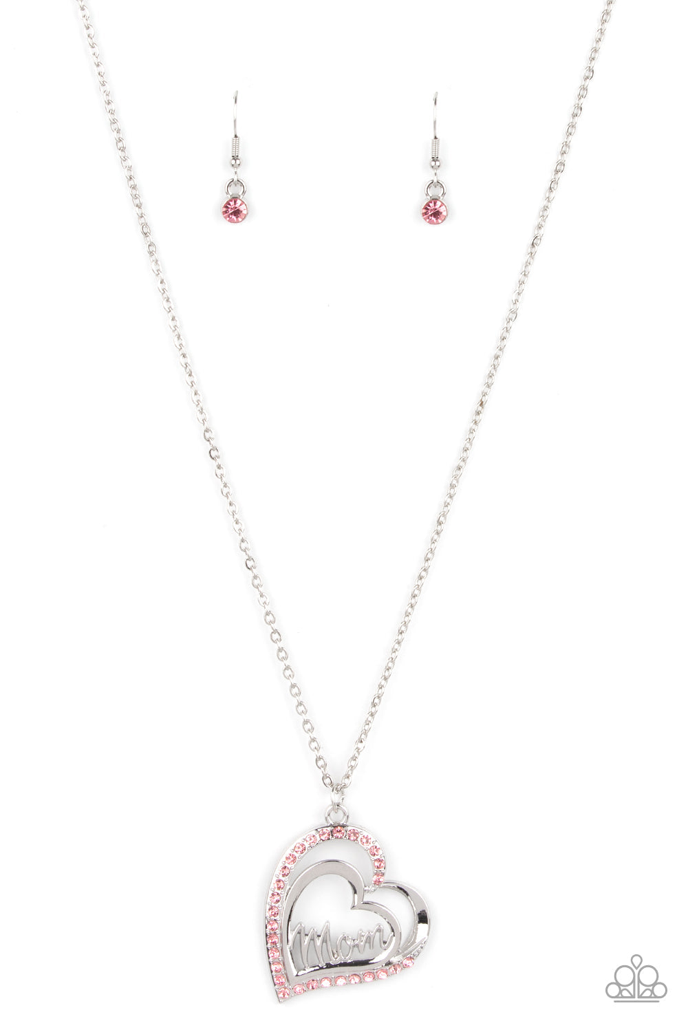 A Mothers Heart - Pink Rhinestone Encrusted "Mom" Heart Pendant Paparazzi Necklace & matching earrrings