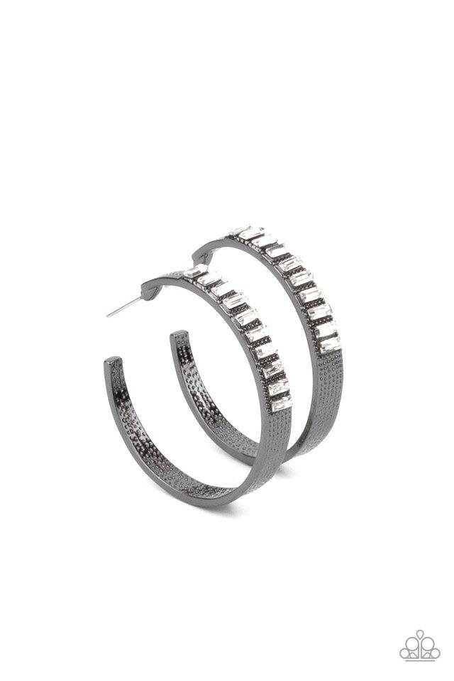 More To Love - Gunmetal Hoops/Emerald Cut White Rhinestone Paparazzi Hoop Earrings