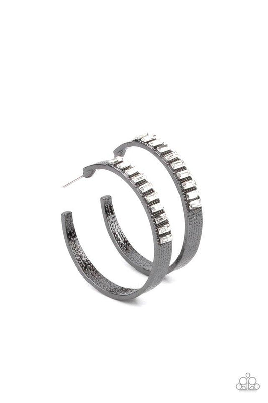 More To Love - Gunmetal Hoops/Emerald Cut White Rhinestone Paparazzi Hoop Earrings