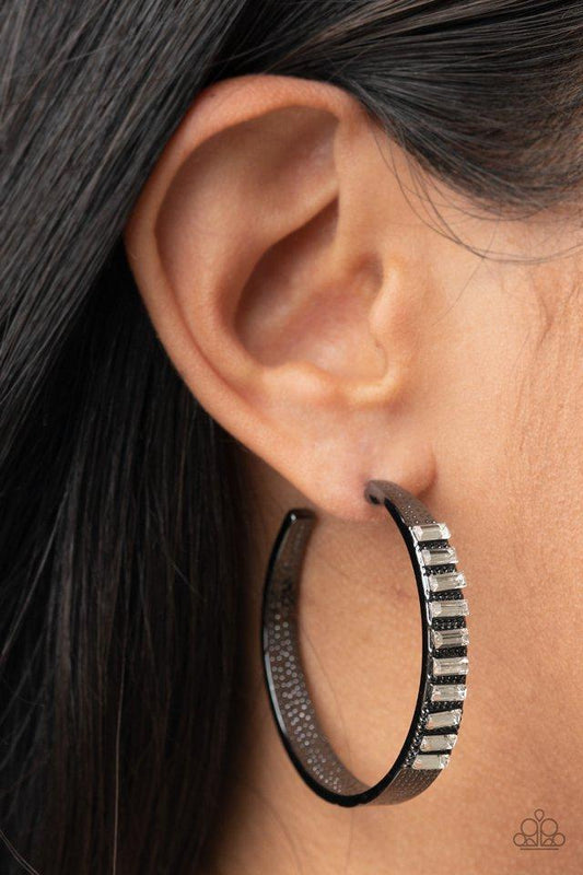 More To Love - Gunmetal Hoops/Emerald Cut White Rhinestone Paparazzi Hoop Earrings