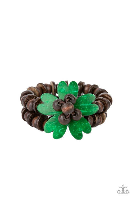 Tropical Flavor - Green Wooden Flower & Double Strand Wooden Beaded Paparazzi Stretch Bracelet