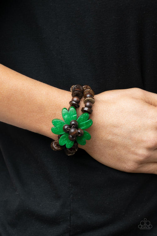 Tropical Flavor - Green Wooden Flower & Double Strand Wooden Beaded Paparazzi Stretch Bracelet