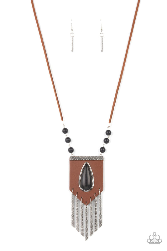 Enchantingly Tribal - Black Teardrop Stone/Brown Leather Insignia-Like Pendant Paparazzi Necklace & matching earrings