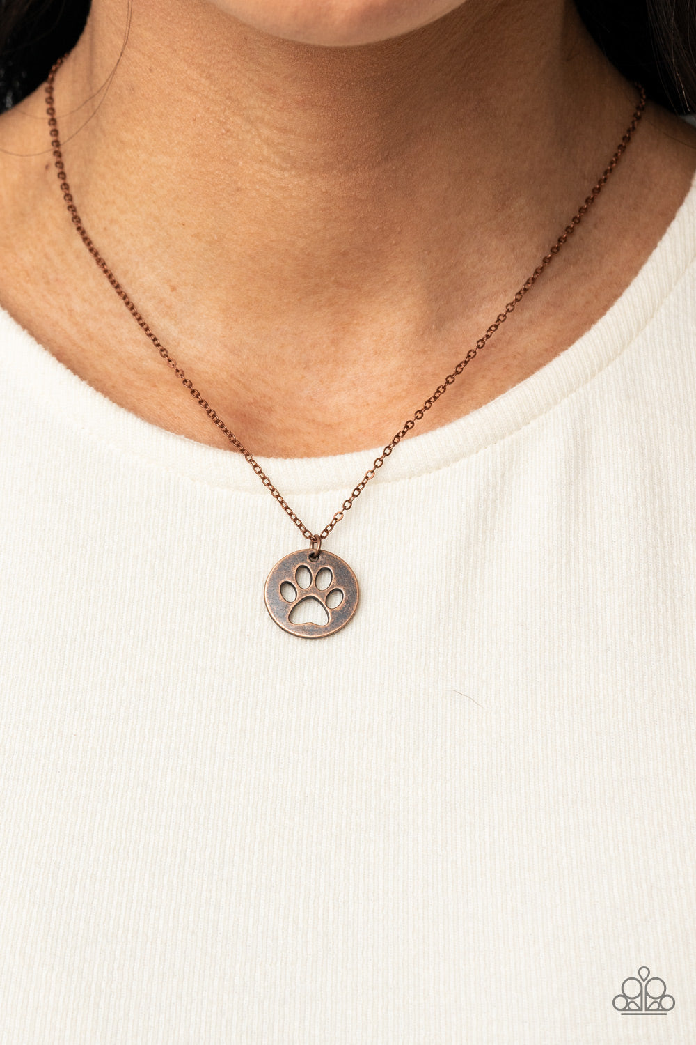 Think PAW-sitive - Copper Pawprint Cutout Disc Pendant Paparazzi Necklace & matching earrings