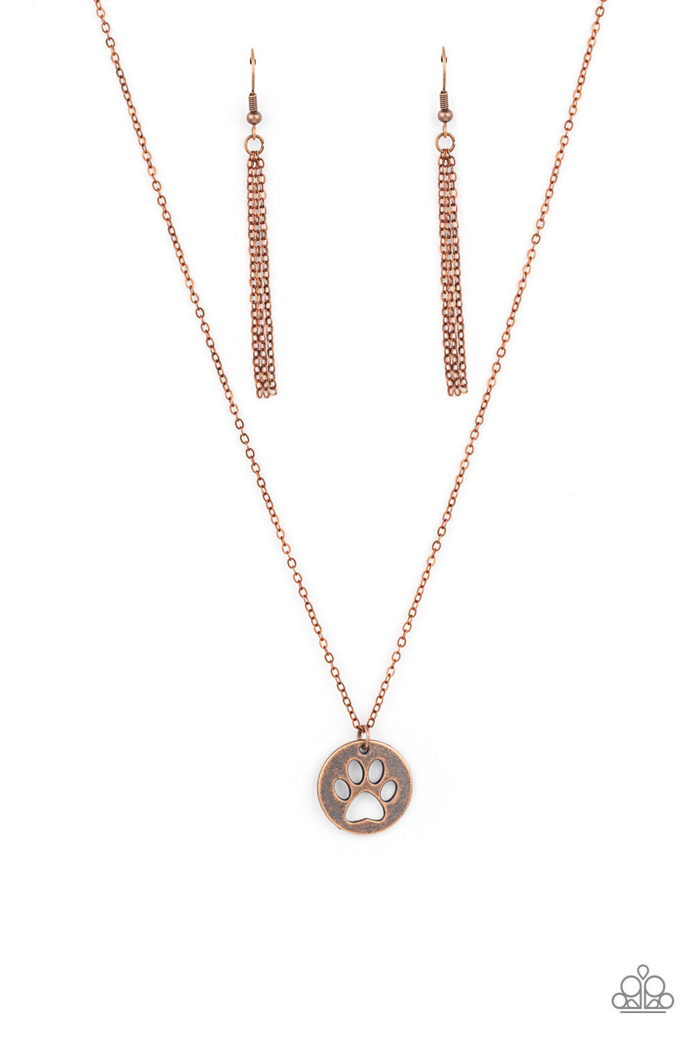 Think PAW-sitive - Copper Pawprint Cutout Disc Pendant Paparazzi Necklace & matching earrings