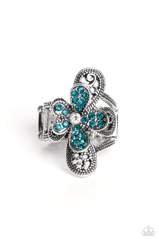 Garden Escapade - Blue & White Rhinestones/Silver Flower Paparazzi Ring