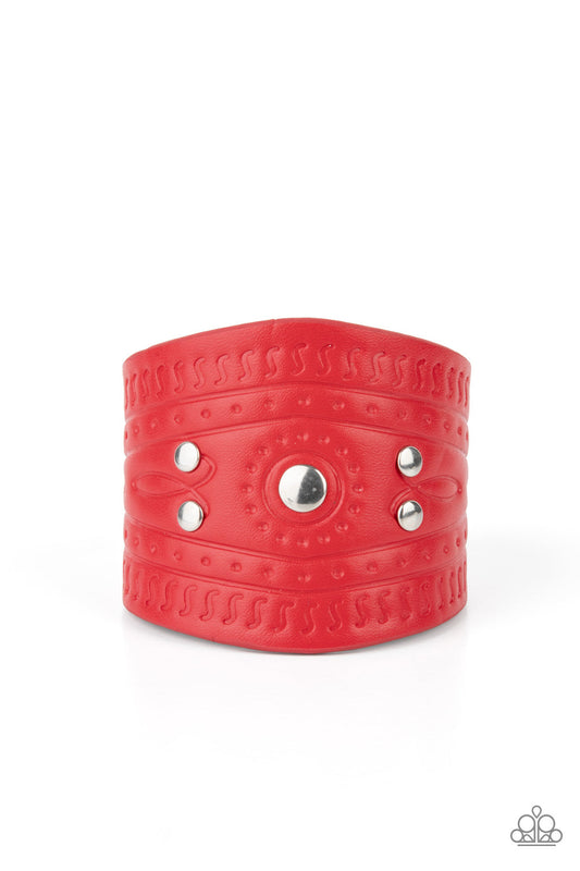 Orange County - Red Stamped Leather & Silver Studded Paparazzi Snap Bracelet