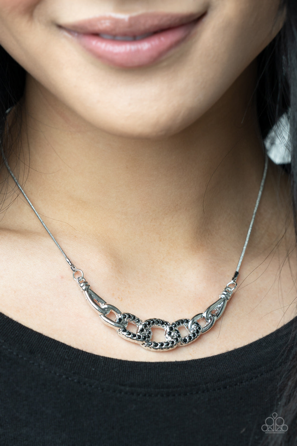 KNOT In Love - Black Dainty Rhinestone Encrusted Links Paparazzi Necklace & matching earrings