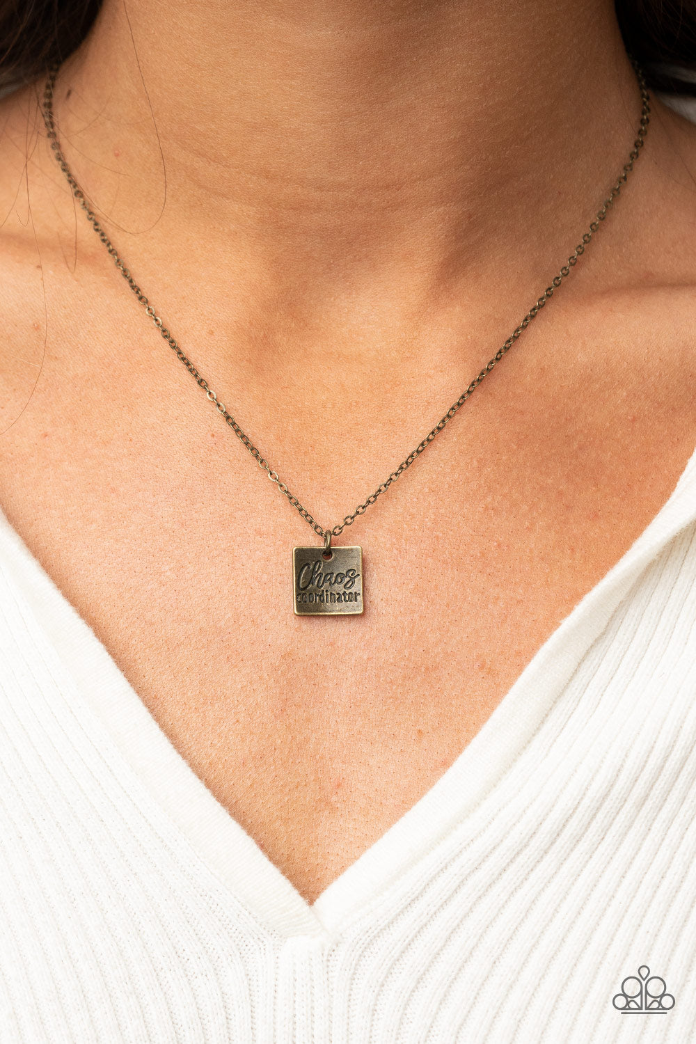 Chaos Coordinator - Brass Engraved "Chaos Coordinator" Square Pendant Paparazzi Necklace & matching earrings