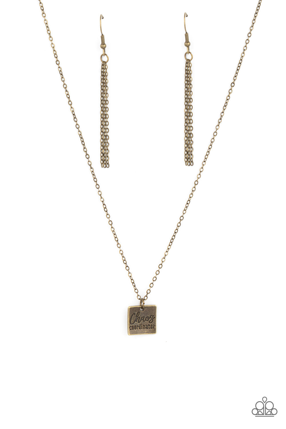 Chaos Coordinator - Brass Engraved "Chaos Coordinator" Square Pendant Paparazzi Necklace & matching earrings