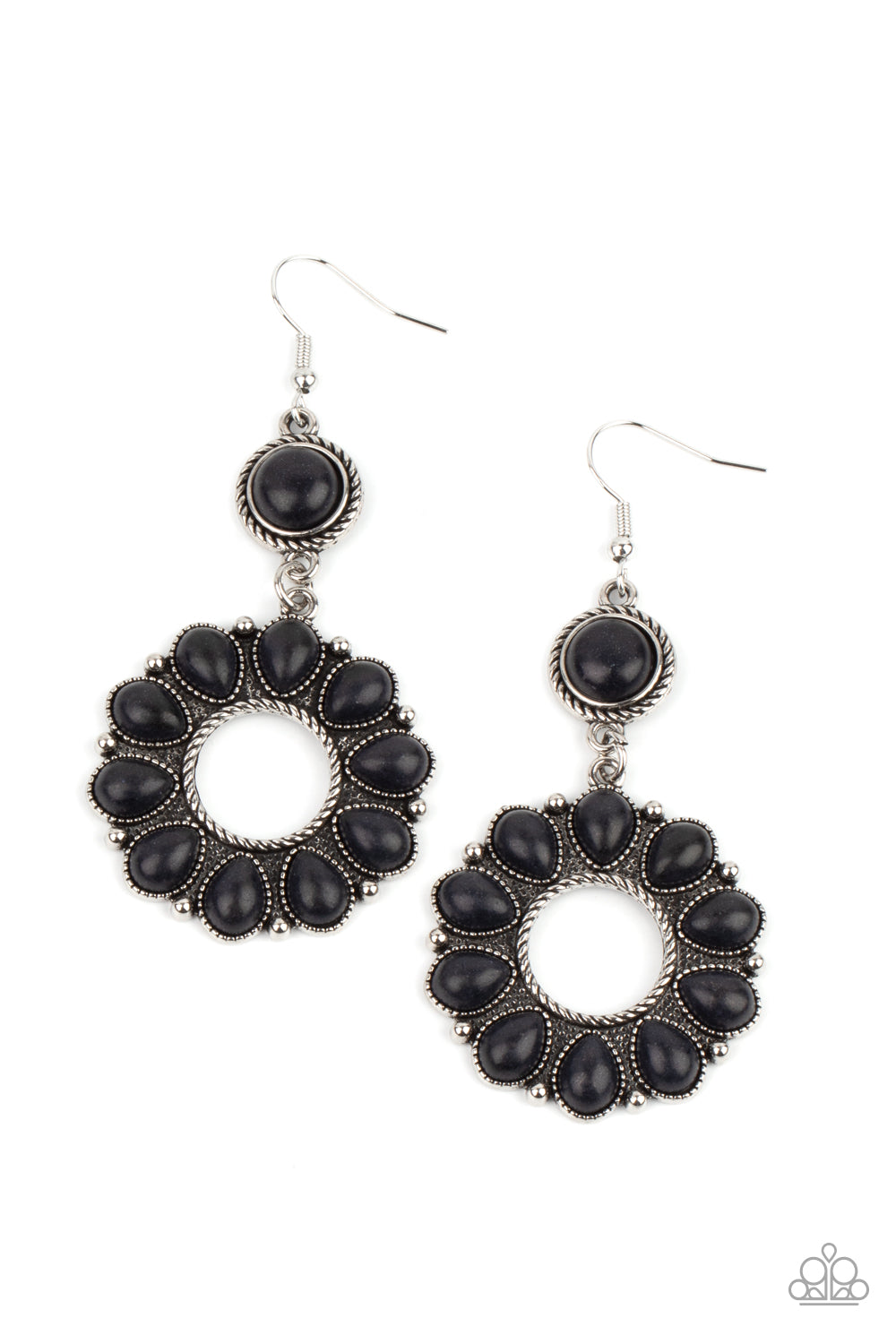 Back At The Ranch - Black Teardrop Stone & Textured Silver Ring Paparazzi Earrings