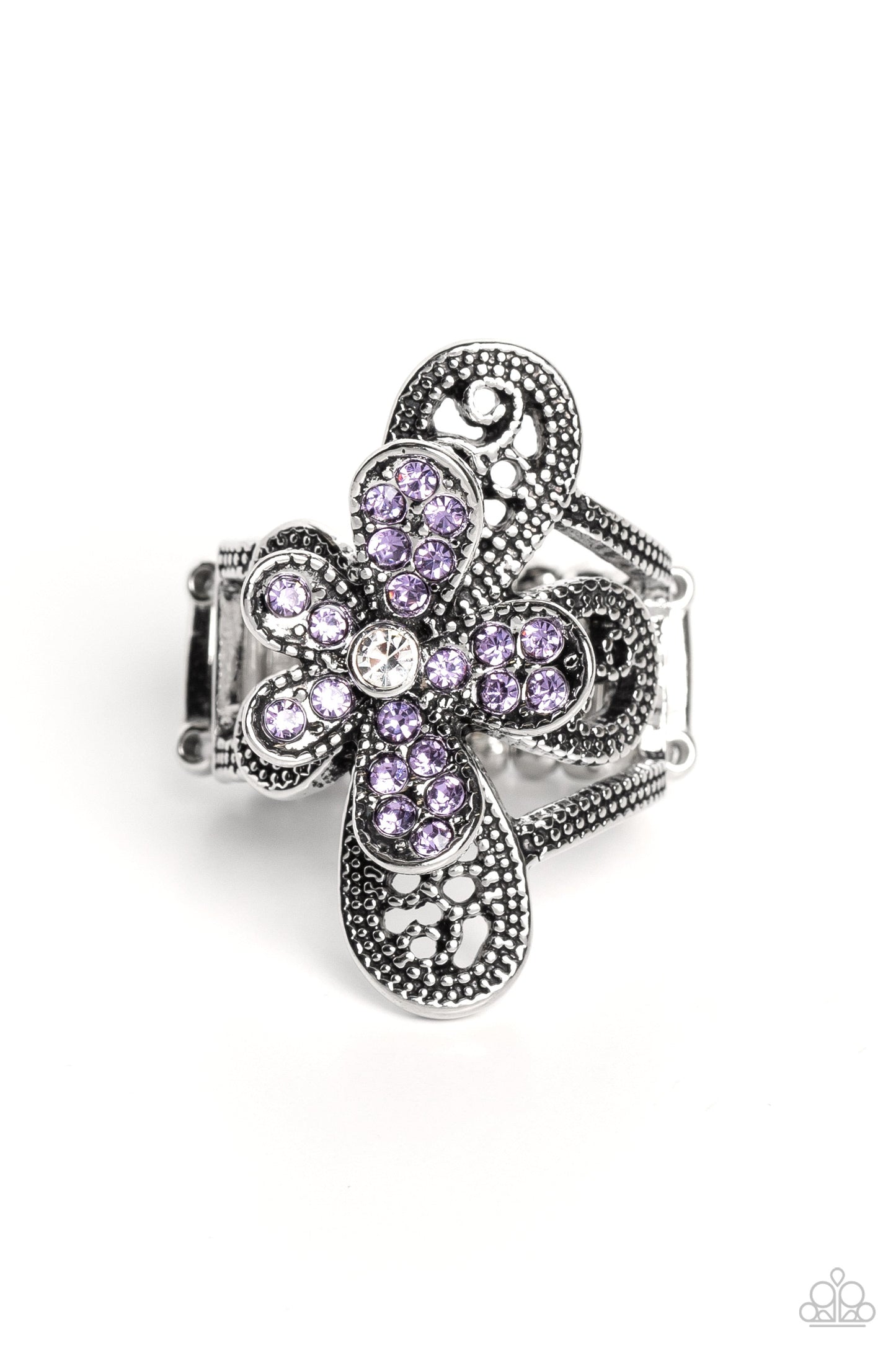 Garden Escapade - Purple & White Rhinestones & Silver Flower Paparazzi Ring