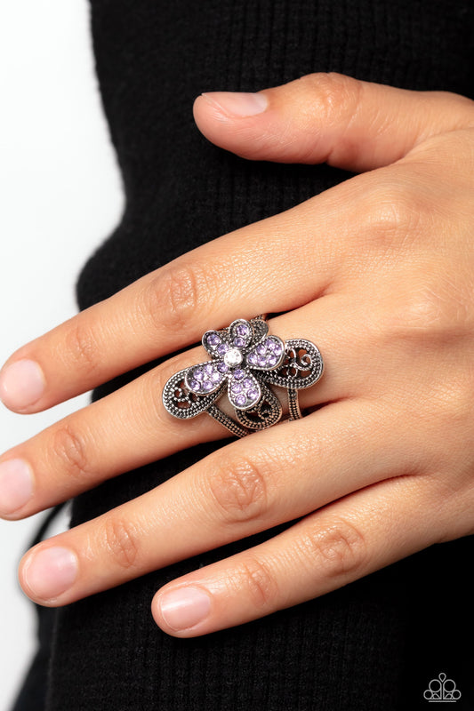 Garden Escapade - Purple & White Rhinestones & Silver Flower Paparazzi Ring