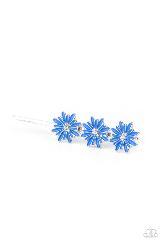 Flower Patch Princess - Blue Flowers & Dainty White Rhinestone Paparazzi Hair Clip