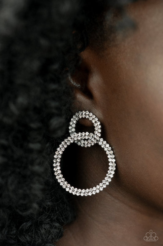 Intensely Icy - Gunmetal & White Rhinestone Interconnected Hoop Paparazzi Post Earrings