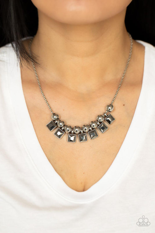 Graciously Audacious - Silver Oversized Beads & Square Hematite Rhinestone Paparazzi Necklace & matching earrings