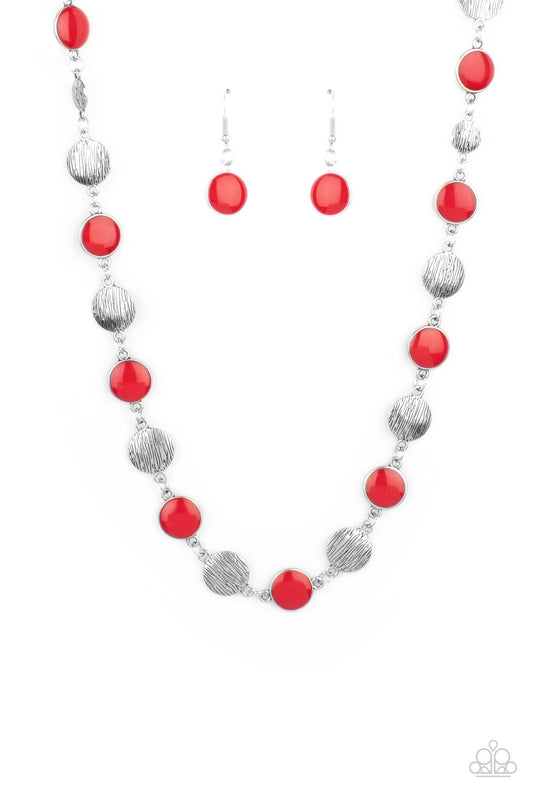 Harmonizing Hotspot - Red & Silver Disc Pattern Paparazzi Necklace & matching earrings