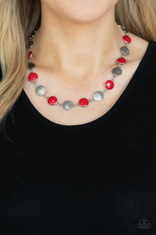 Harmonizing Hotspot - Red & Silver Disc Pattern Paparazzi Necklace & matching earrings