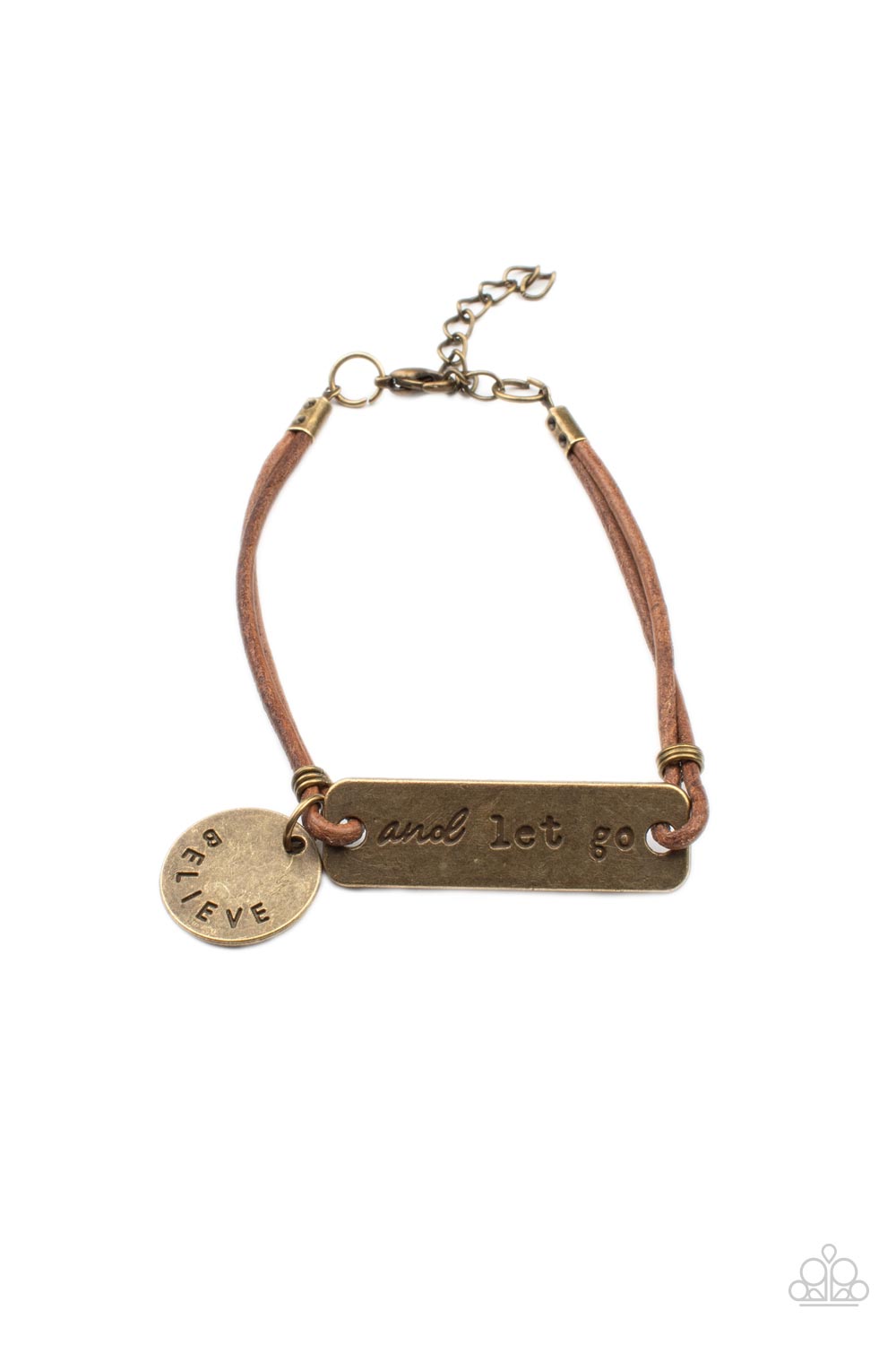 Believe and Let Go - Brass Stamped Disc & Plate/Brown Suede Paparazzi Adjustable Bracelet