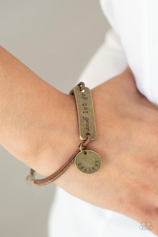 Believe and Let Go - Brass Stamped Disc & Plate/Brown Suede Paparazzi Adjustable Bracelet