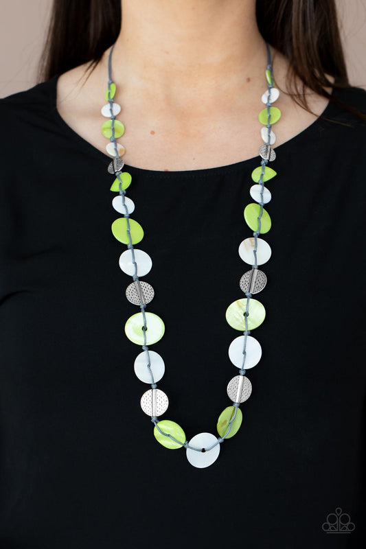 Seashore Spa - Green & White Shell-Like Disc/Gray Cording Paparazzi Necklace & matching earrings