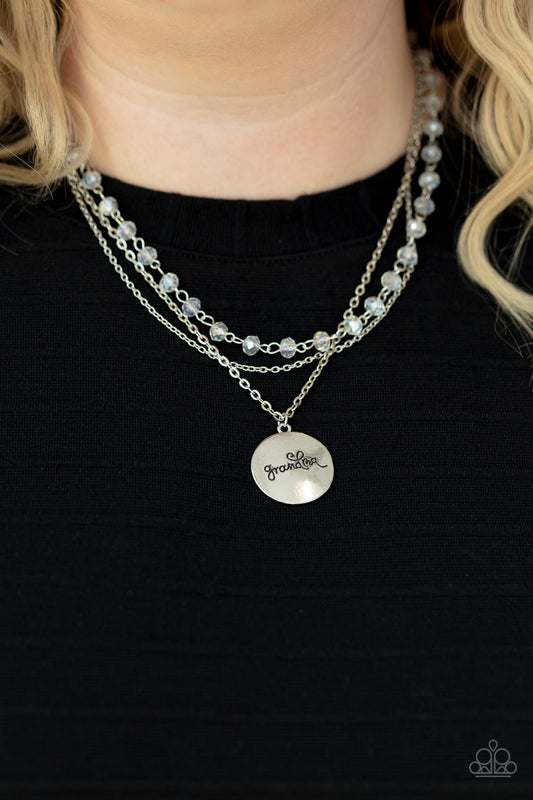 Promoted to Grandma - White Iridescent Beads, Mismatched Silver Chains, & "Grandma" Stamped Silver Disc Paparazzi Necklace & matching earrings