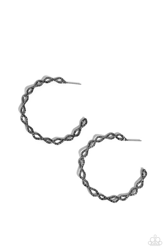 Haute Helix - Gunmetal Twisted Textured Bars Paparazzi Hoop Earrings