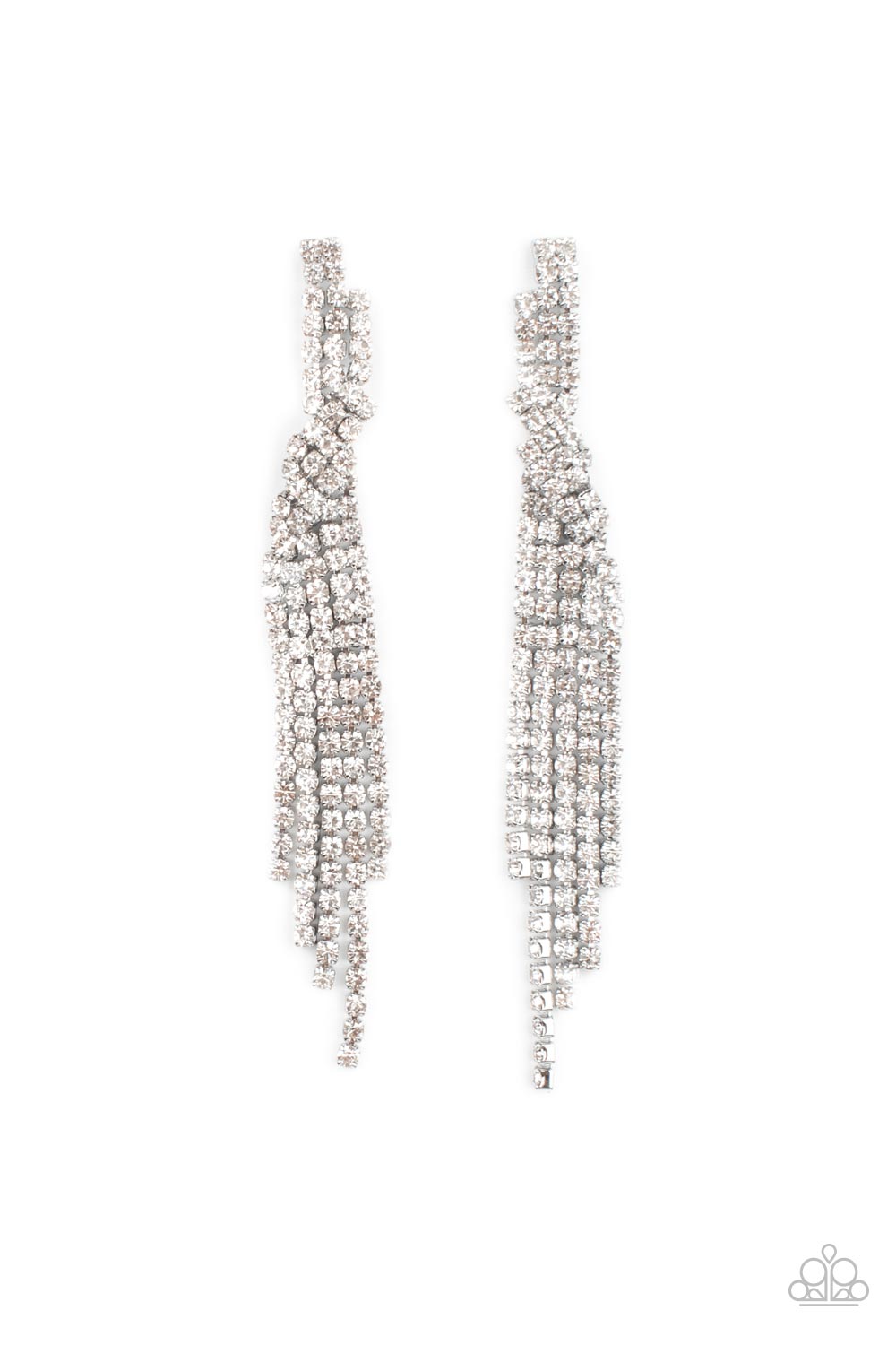 Cosmic Candescence - White Rhinestone Overlapped Tapered Tassel Paparazzi Earrings