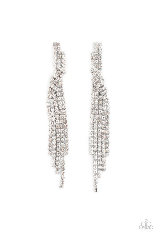 Cosmic Candescence - White Rhinestone Overlapped Tapered Tassel Paparazzi Earrings