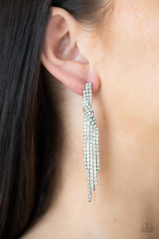 Cosmic Candescence - White Rhinestone Overlapped Tapered Tassel Paparazzi Earrings