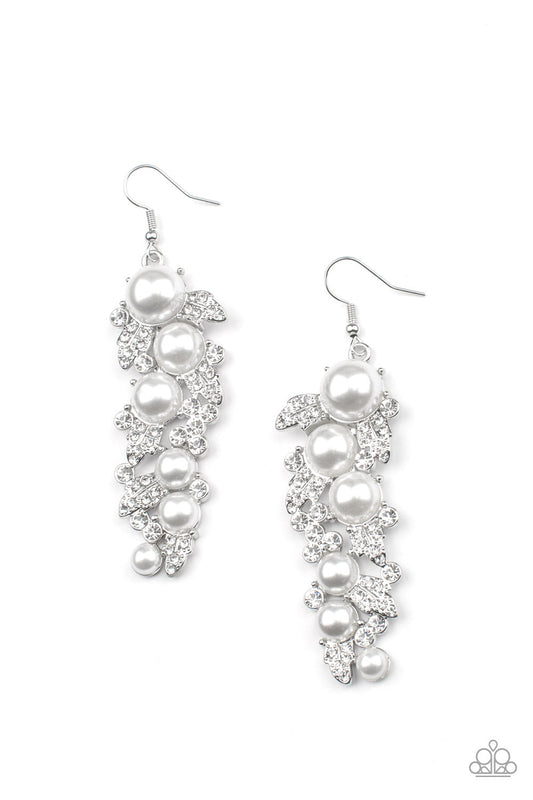 The Party Has Arrived - White Rhinestone & Pearl Paparazzi Leafy Lure Earrings