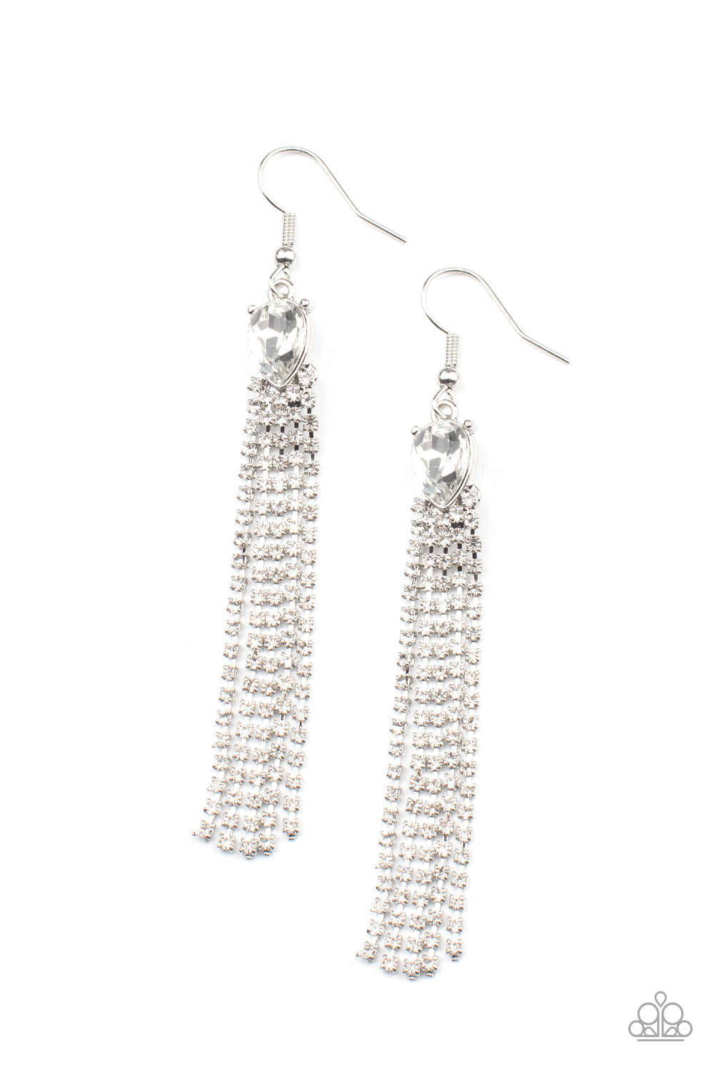 Drop-Dead Dainty - White Rhinestone & Teardrop Gem Tassel Paparazzi Earrings