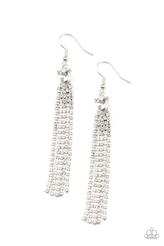 Drop-Dead Dainty - White Rhinestone & Teardrop Gem Tassel Paparazzi Earrings