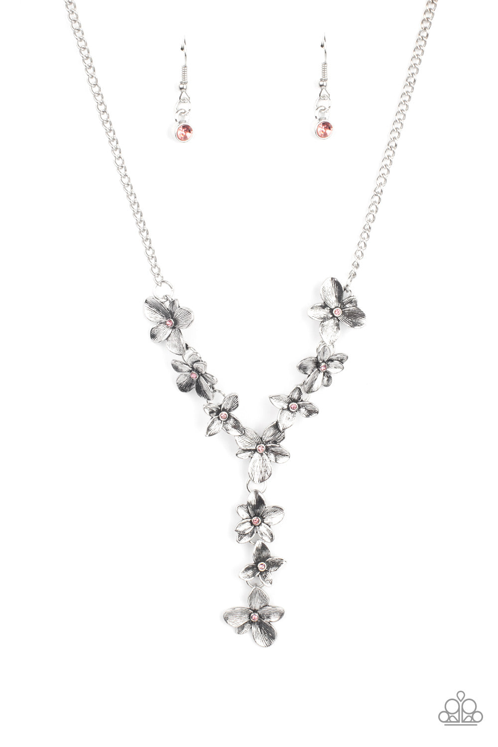 Fairytale Meadow - Pink Rhinestone & Silver Flower Extended Pendant Paparazzi Necklace & matching earrings