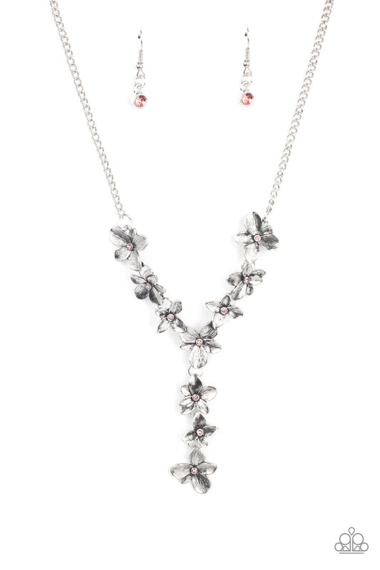 Fairytale Meadow - Pink Rhinestone & Silver Flower Extended Pendant Paparazzi Necklace & matching earrings