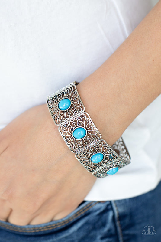 Cakewalk Dancing - Blue Oval Bead & Silver Vine-Like Filigree Paparazzi Stretch Bracelet