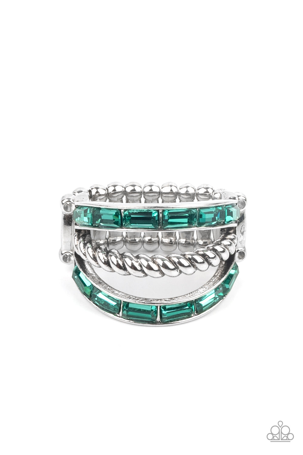 Emulating Edge - Green Emerald-Cut Rhinestones Edgy Layered Paparazzi Ring