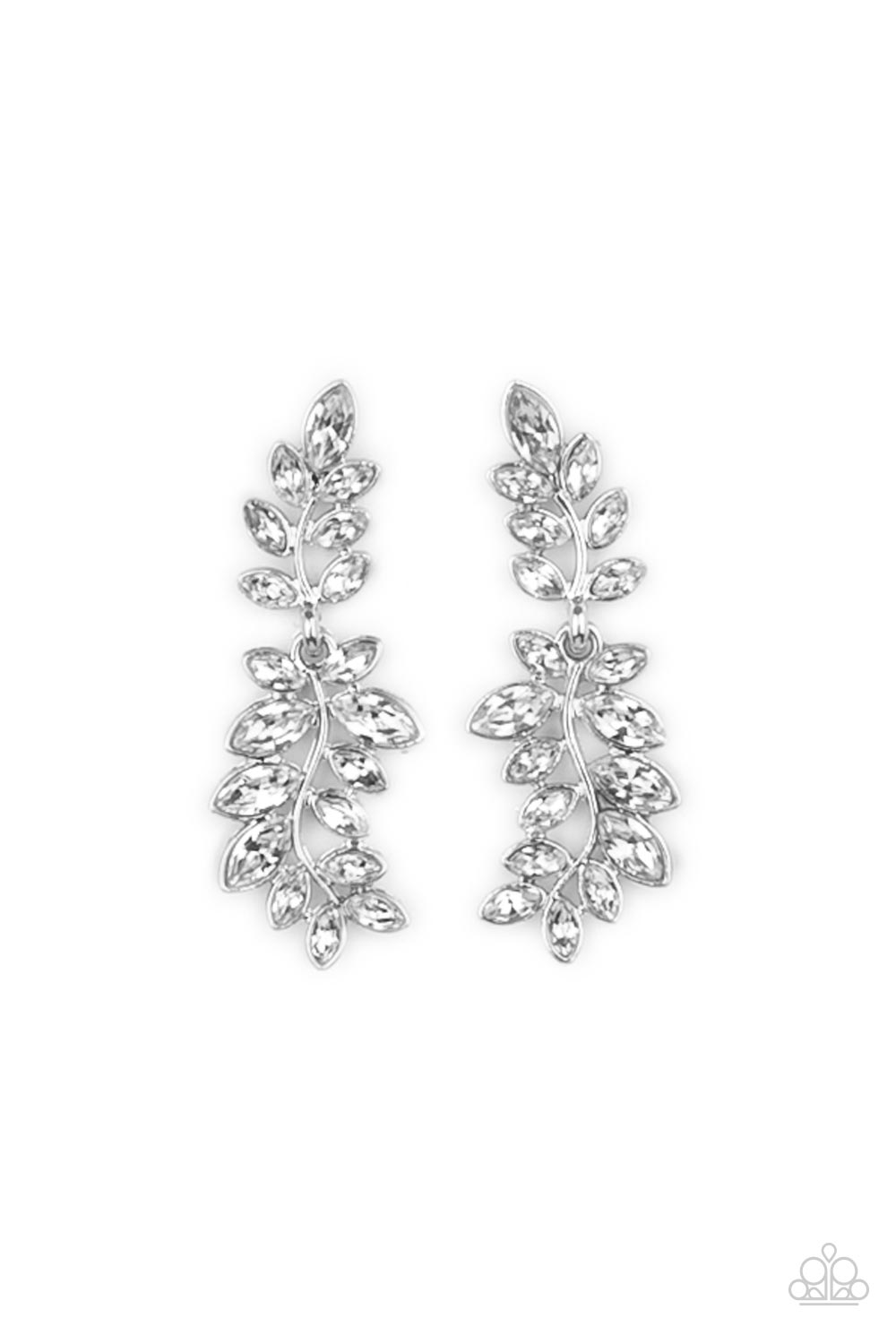 Frond Fairytale - White Rhinestone Encrusted Leafy Silver Frame Paparazzi Post Earrings