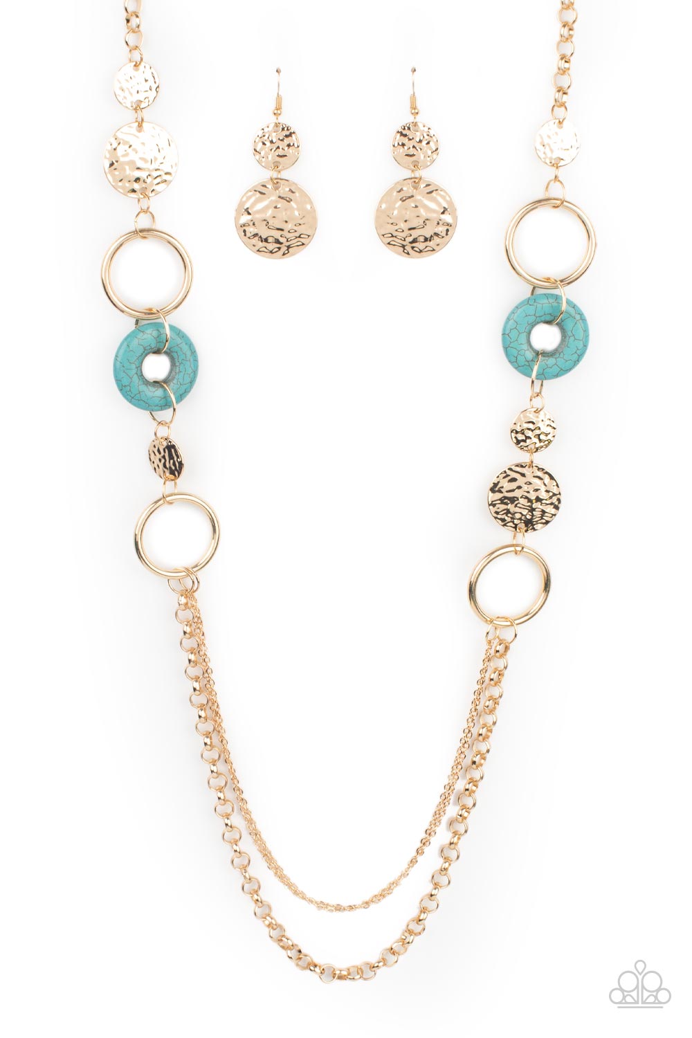 Grounded Glamour - Gold Discs & Hoops/Turquoise Stone Accent Paparazzi Necklace & matching earrings